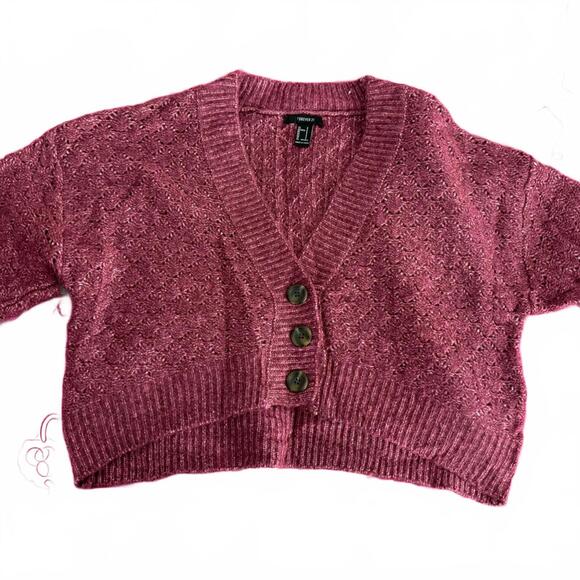 Forever 21 Berry Maroon Button Crop Cardigan- Size Small - Picture 2 of 7